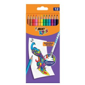 CRAYONS DE COULEUR 12 LONG BIC AVEC GOMME